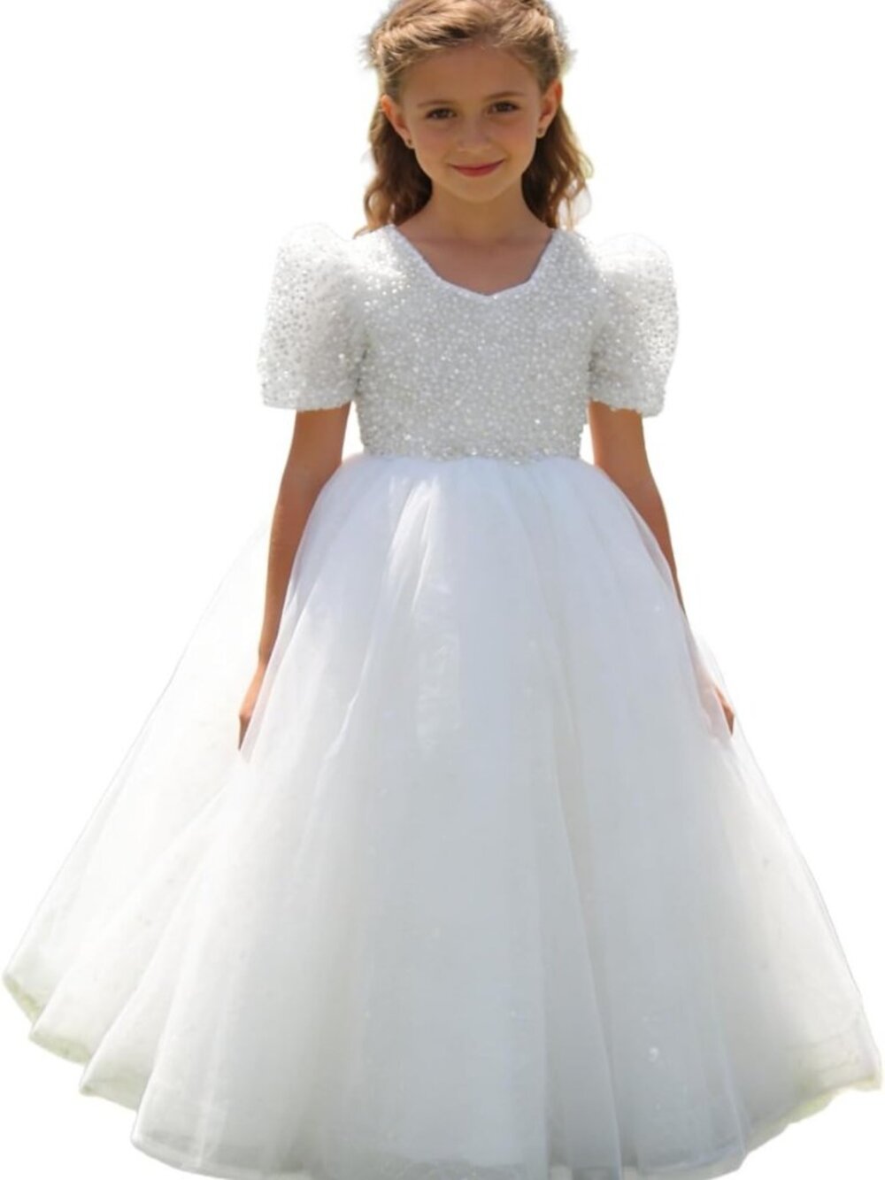 Sparkly Sequin Flower Girl Dress with Puff Sleeves | Tulle Ball Gown for Girls